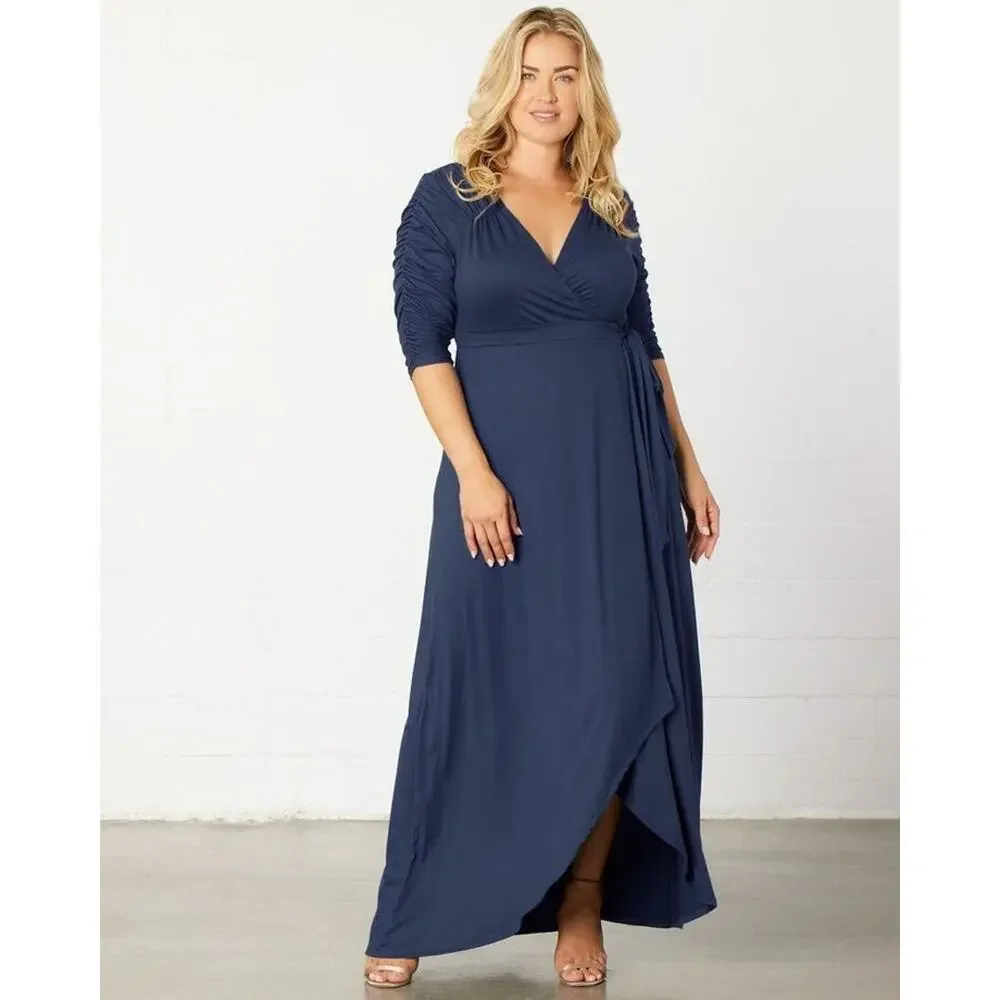 Kiyonna Dress Meadow Dream Style 5X Maxi True Wrap Slimming Navy Blue Ruched